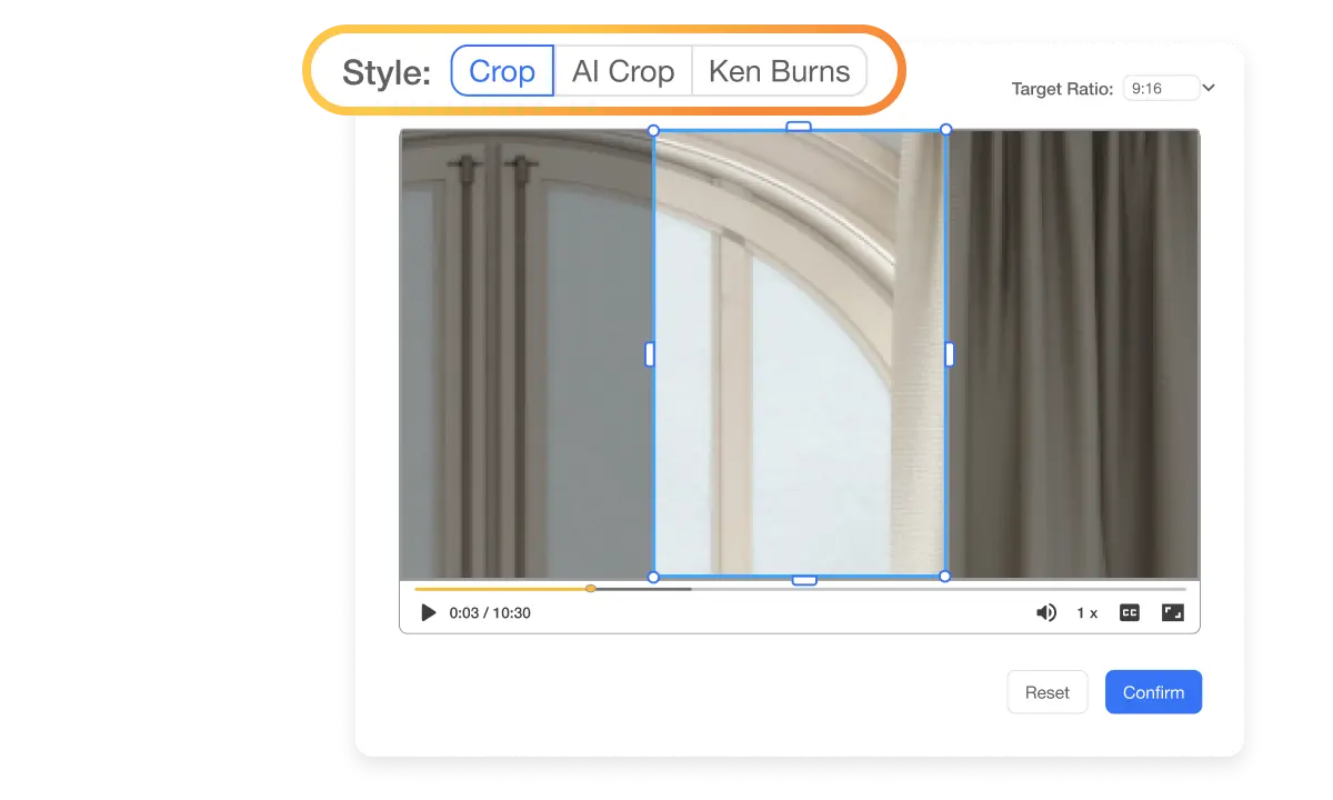 Crop video using Visla's AI tools. Choose from Crop, AI Crop, or Ken Burns style.